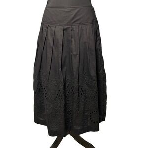 Anne Klein A Line Black Eyelet Pleated Midi Skirt Women 2 Cotton Cottage Chic
